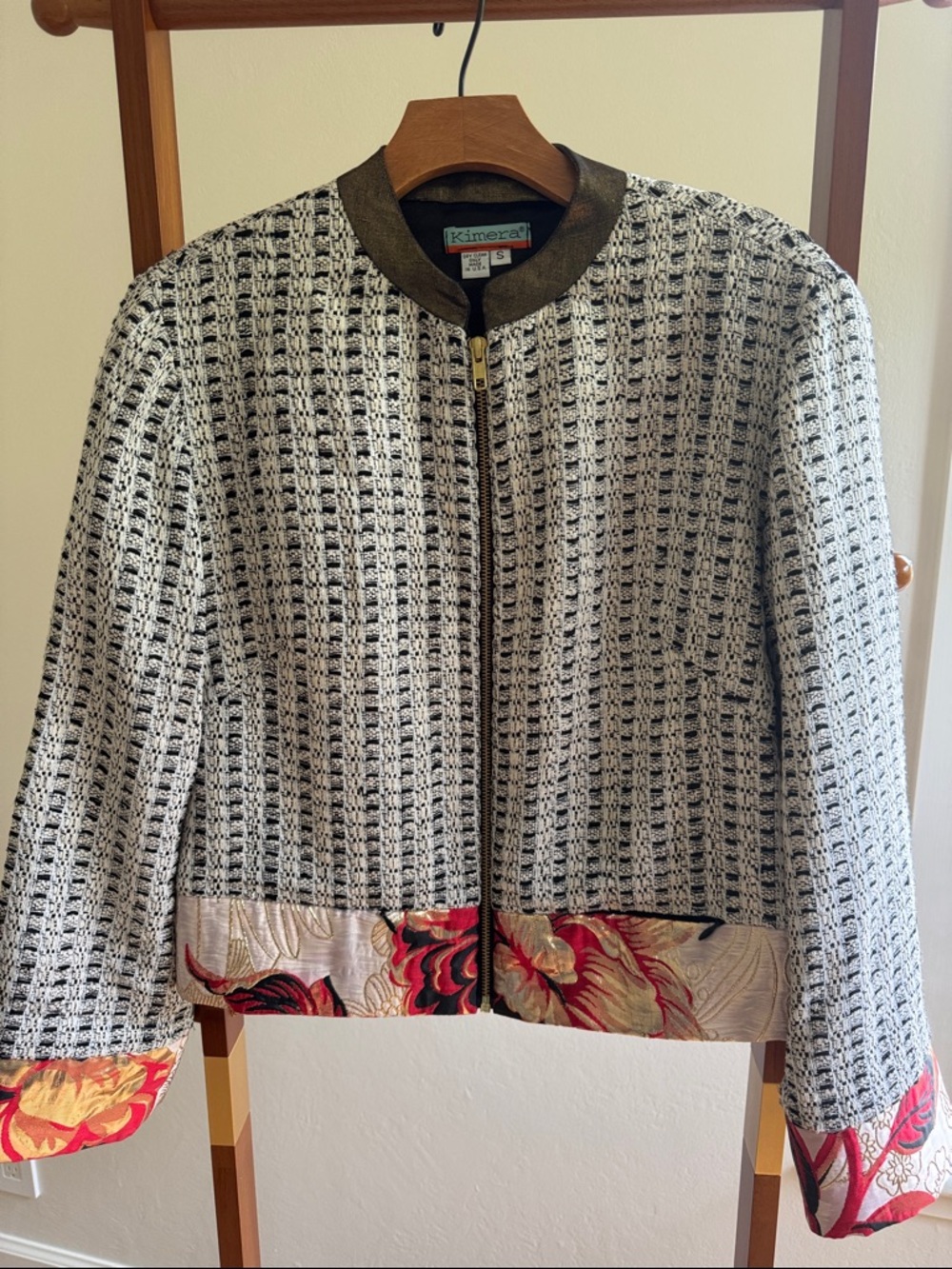 NEW Custom Tweed Jacket with Red Floral Trim lined with brown satin size Small